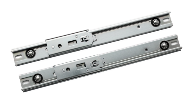 Metal drawer slides with ball-bearing rail system and mounting holes—silver finish, durable and smooth-operating. Essential hardware for cabinetry and furniture assembly