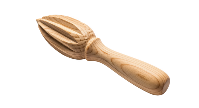 Wooden citrus reamer with pointed ridged head and smooth handle—handheld tool for extracting juice from lemons, limes, and oranges. Simple, effective, and ideal for fresh juicing