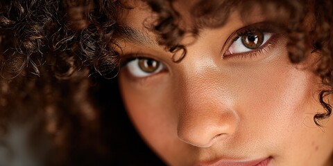 Young woman with curly hair and expressive brown eyes enjoys a moment of calm in a soft light background