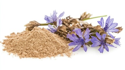 Herbal powder and purple flowers natural ingredient healthy food botanical photography