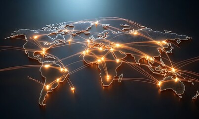Global connection depicted with world map lit by city lights and connecting lines