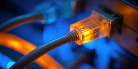 Network cables connect devices in a server room with glowing lights during evening hours