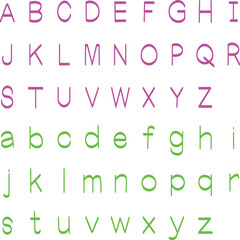 Complete alphabet set in uppercase and lowercase with gradient color effect.