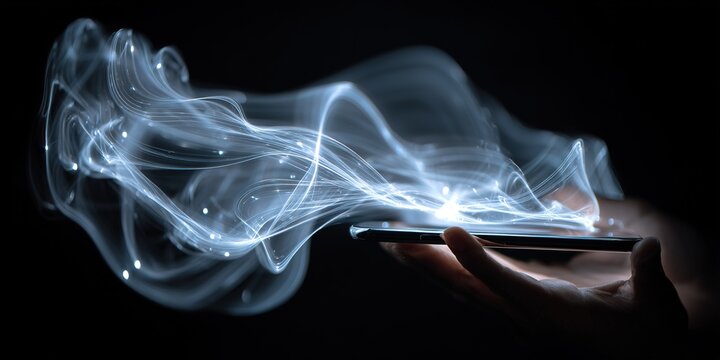 Innovative technology concepts with abstract waves of light emanating from a smartphone in a dark setting