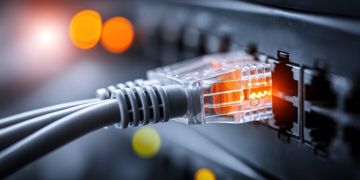 Connecting ethernet cable to network switch in a modern data center with glowing lights