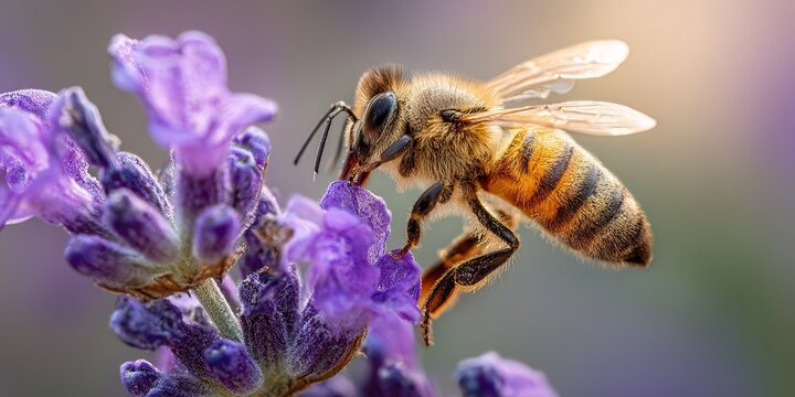 Bee collecting nectar from lavender flowers in a sunny garden setting during springtime - Powered by Adobe