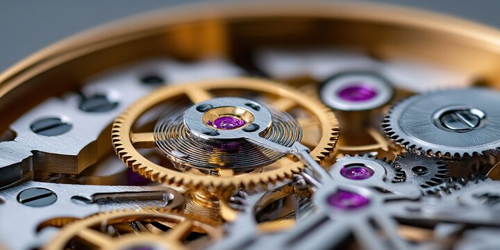 Intricate details of a mechanical watch movement showcasing gears and jewels - Powered by Adobe