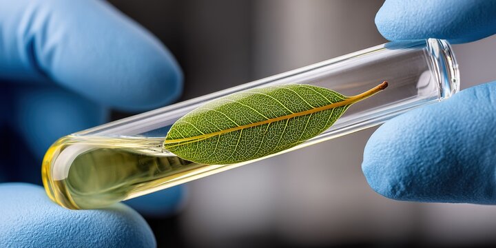 Extracting essential oils from leaves in a laboratory setting using test tubes and gloves