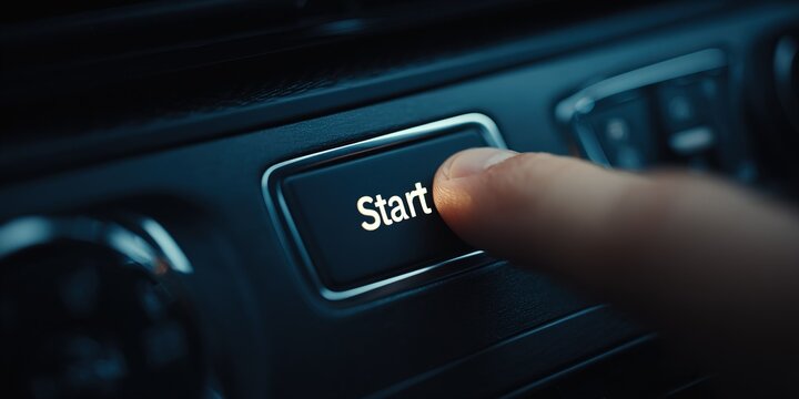 Finger pressing the start button in a car dashboard during a morning drive
