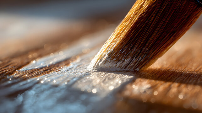 Hyper detailed macro shot of paintbrush on wooden surface for art design - Powered by Adobe