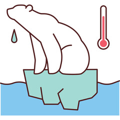 Polar Bear Sitting On Melting Iceberg With Thermometer Showing High Temperature Over Blue Water Climate Change Concept Simple Illustration