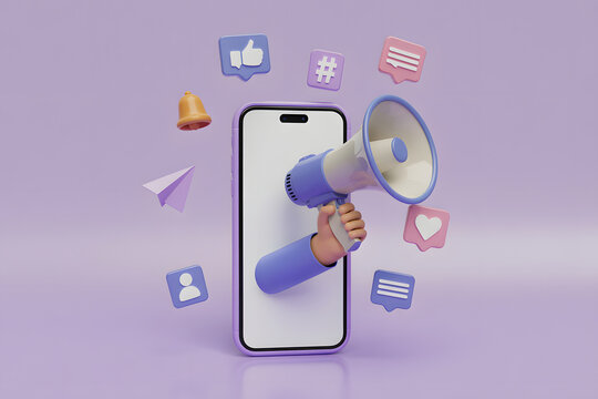 3D Render of a Hand Holding a Megaphone Out of a Smartphone with Social Media Icons