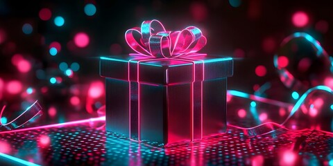 Neon gift box with bokeh.