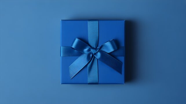 Overhead view of a sleek blue gift box tied with a matching blue ribbon and a classic bow, set against a blue backdrop