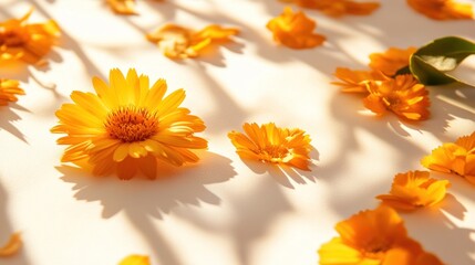 Yellow flowers sunlight shadow background soft delicate floral design