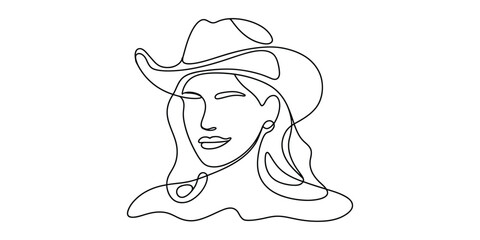 Continuous line art of a woman in a cowboy hat abstract drawing
