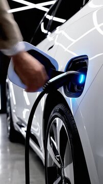 Man plugging charging connector into white glossy SUV ch in bright spacious garage with blue LED charging indicator