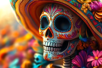 Illustration of sugar skull with face paint, spooky theme