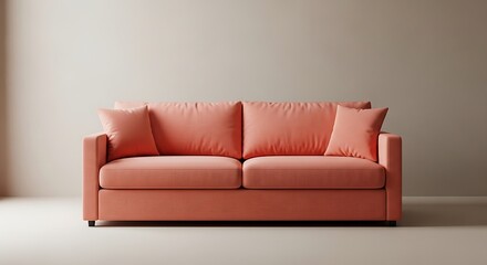 Fototapeta premium Comfortable coral sofa with cushion in bright living space concept design