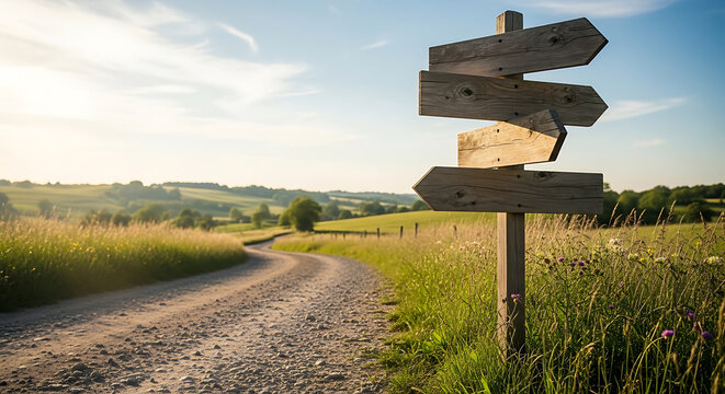 Wooden signpost with multiple arrows pointing in different directions on a rural path