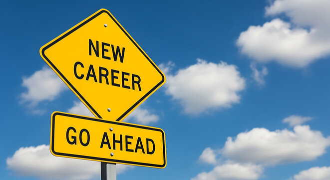 Yellow diamond road sign saying new career go ahead against a blue sky with clouds