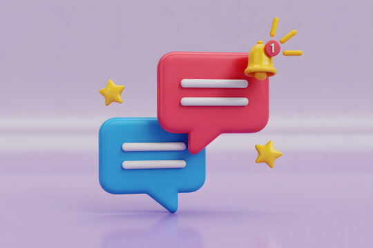 3D Render of Chat Bubbles, Notification Bell, and Stars on Purple Background - Powered by Adobe