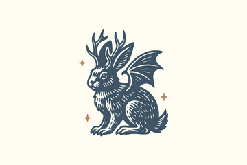 Winged jackalope mythic creature vintage sketch vector illustration © Victoria