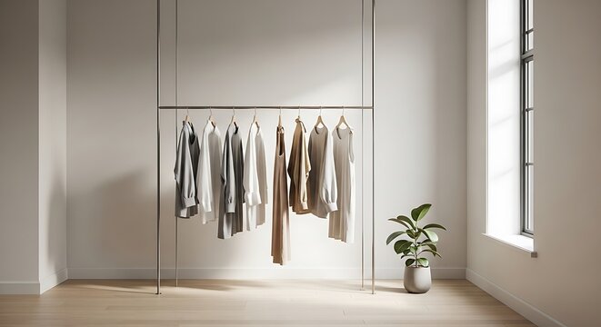 Elegant Wardrobe Display with Neutral Clothes and Minimalist Interior Design