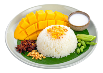 Plate of mango sticky rice traditional serving isolated object