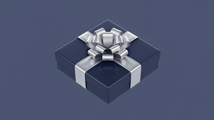 Minimalistic 3d rendering of a dark blue gift box with a shiny silver ribbon and bow, presented on a matching plain background