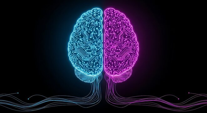 Artificial intelligence brain with glowing neon circuit design for innovative tech