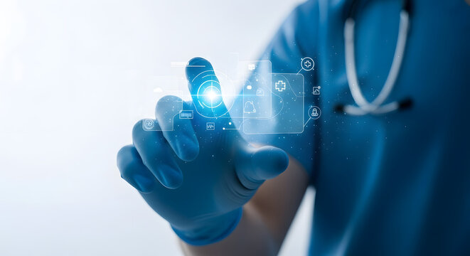 Healthcare professional using a virtual interface with glowing medical icons against a clean background. - Powered by Adobe