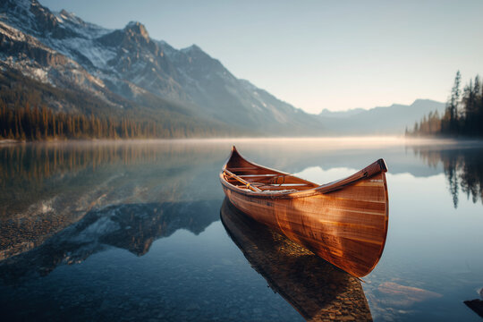 Sunlit wooden canoe resting on a glassy mountain lake at dawn, misty peaks and perfect reflections — serene wilderness escape