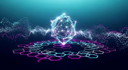 Futuristic technology core with glowing network nodes and data stream visualization