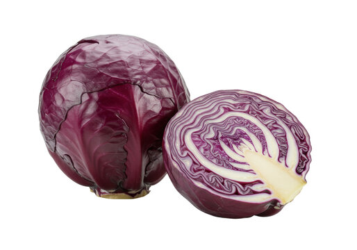 Vibrant whole and cut red cabbage, deep red-purple exterior and intricate internal layers, against a transparent studio background with copy space. Concept of fresh, healthy produce