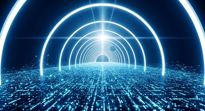 Enter futuristic digital world with glowing network tunnel and data stream