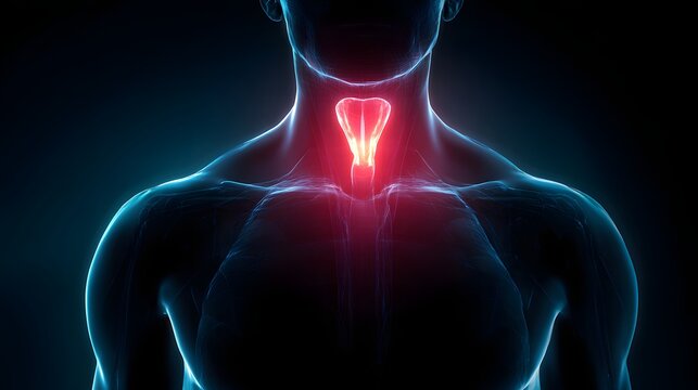 Human body with glowing thyroid gland, highlighting medical condition or health issue.