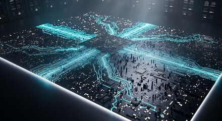 Cutting-edge futuristic circuit board with glowing blue pathways, technology concept