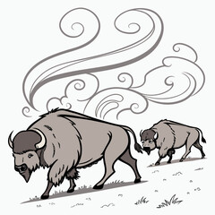 Two majestic bison walking across a grassy hill with stylized swirling smoke or wind above them