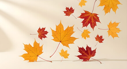 Maple Leaves Autumn Fall Scattered Red Yellow Copy Space