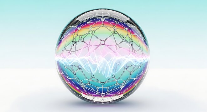 Vibrant energy orb with glowing waves and rainbow reflections, modern technology