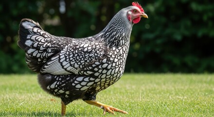 Wyandotte chicken walking on green grass