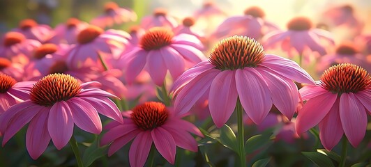 A vibrant display of pink echinacea flowers in full bloom, showcasing their bright petals and distinctive central cones against a soft, sunlit background.