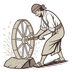 Fototapeta premium A man in traditional attire sharpens a tool on a grinding wheel powered by hand