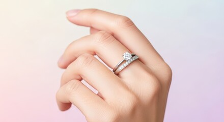 Closeup of a womans hand wearing a diamond engagement ring and wedding band