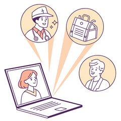 Illustration of a woman on a laptop communicating with a doctor and a medical bag