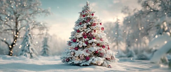 A beautifully decorated Christmas tree stands in the middle of a snowy landscape, The soft lighting and falling snowflakes create a magical, festive winter atmosphere. - Powered by Adobe