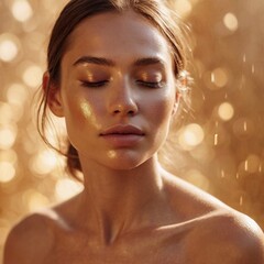 A woman's face with closed eyes, surrounded by an aura of soft, golden light. Light background.