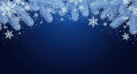 Winter background with frosted pine branches and snowflakes