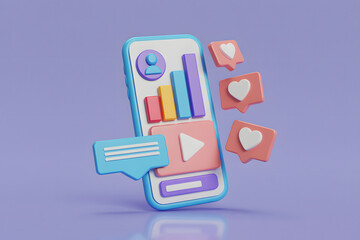 3D Render of a Smartphone Displaying Social Media Icons and Graphics